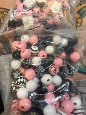 Assorted Pink, Black & White Kids Craft Beads - Mix of Decorative Rounds